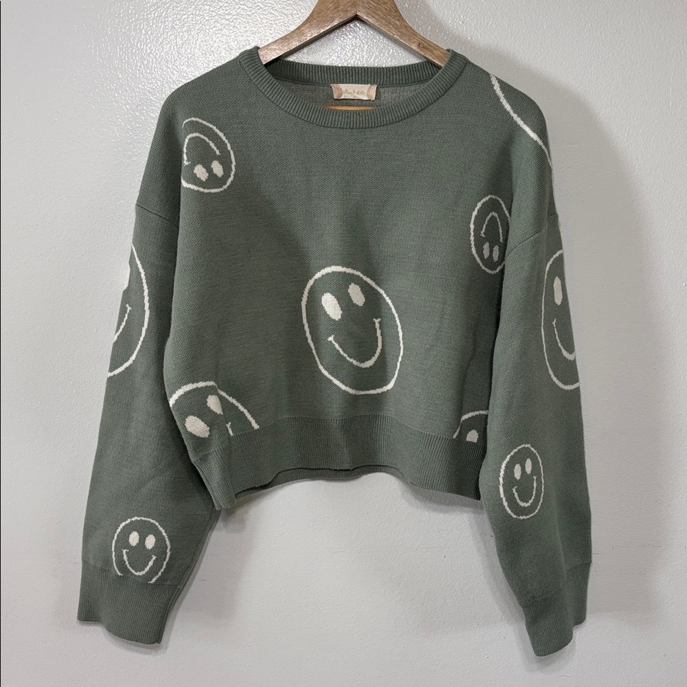 Alter’d State Green Smiley Face Cropped Sweater Size L - Picture 1 of 5